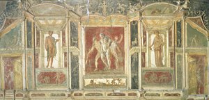 Paneles de relieve con Dionisio y otras figuras de pie en nichos de trampantojo, de Pompeya, siglo I d.C., Cuarto Estilo de Unknown